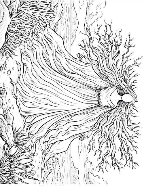 detailed sketch coloring page of a dryad with no face