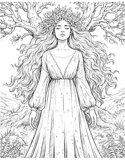 realistic coloring page of a dryad with her eyes closed