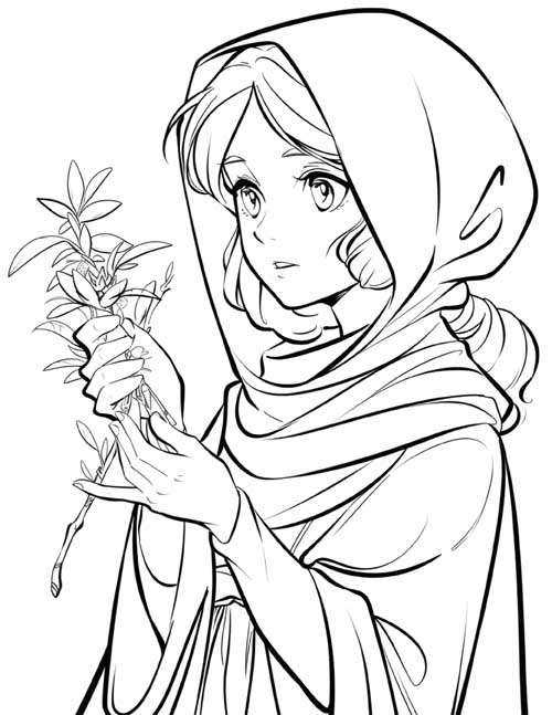 coloring page of Daphne holding a laurel branch