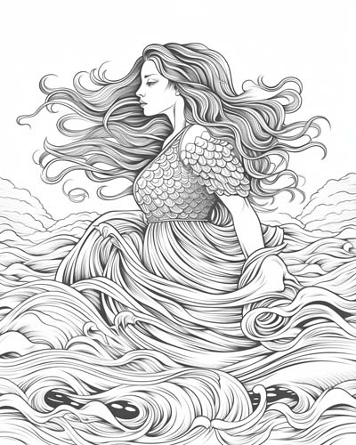 Nereid in a stormy sea coloring page
