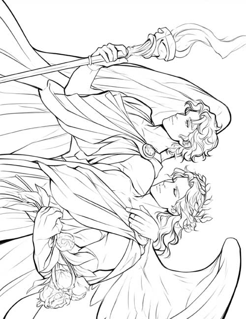 anime coloring page of the brothers Thanatos and Hypnos