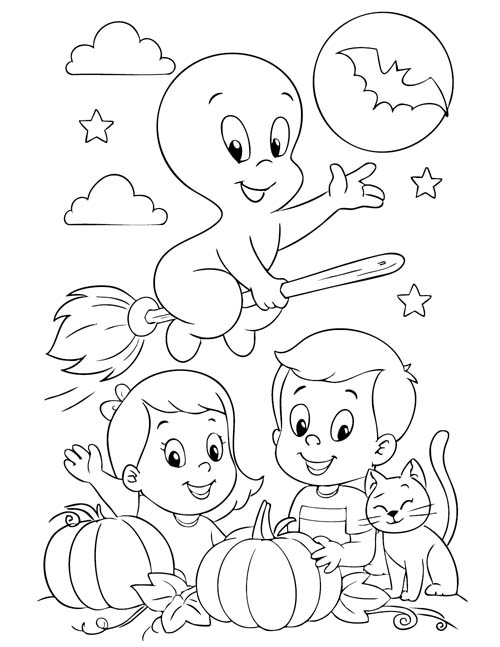 coloring page of Casper the Friendly ghost with some happy children