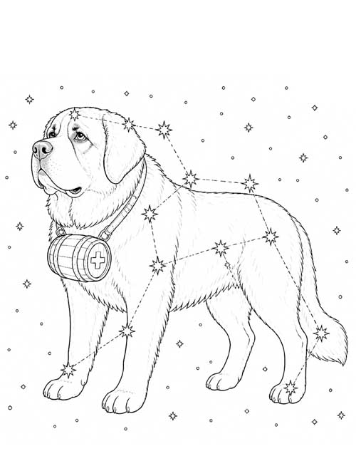 Coloring page of a Saint Bernard with a rescue barrel, drawn as a constellation of stars