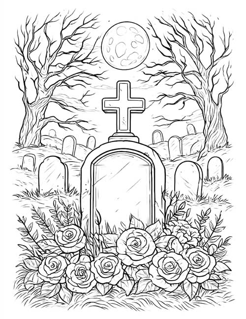 Detailed coloring page of a tombstone with a cross surrounded by roses under a full moon