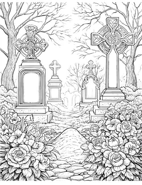 Detailed coloring page of an old cemetery with Celtic cross headstones, bare trees and roses