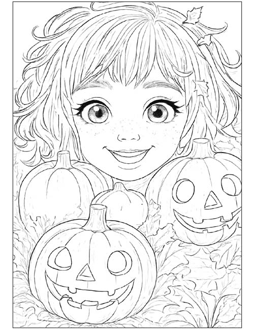 happy girl and jack-o-lantern coloring page