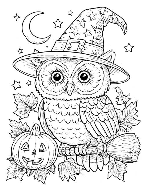 Detailed coloring page of an owl in a starry witch's hat perched on a broom beside a jack-o'-lantern under a crescent moon