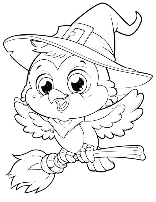 Coloring page of a cute owl in a witch's hat riding a broomstick