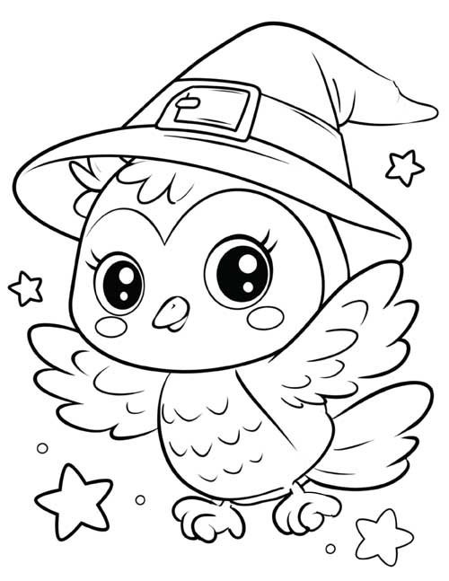 Coloring page of a cute owl in a witch's hat flying among the stars