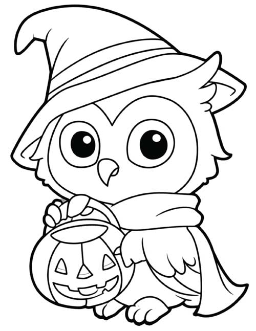 Coloring page of a cute owl in a witch's hat and scarf holding a jack-o'-lantern treat bucket