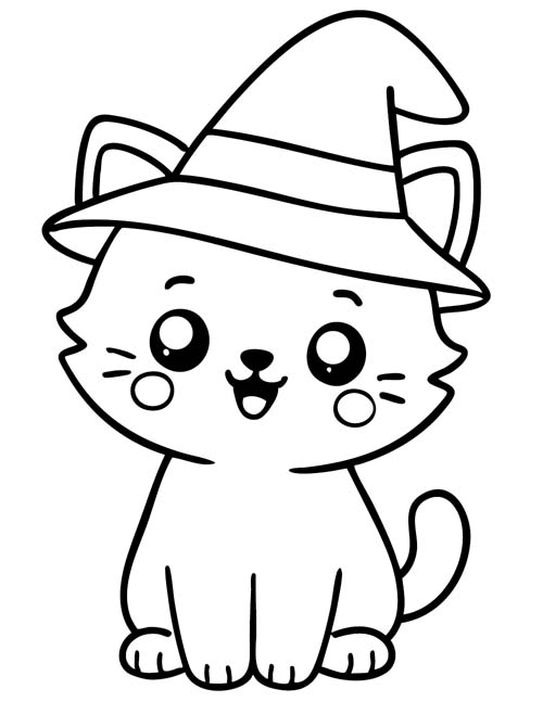 Coloring page of a kitten with a witch's hat
