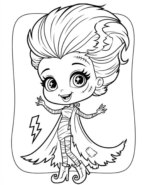Cheerful chibi bride of Frankenstein with big sparkly eyes, beehive hair, lightning bolt, smiling with arms open wide