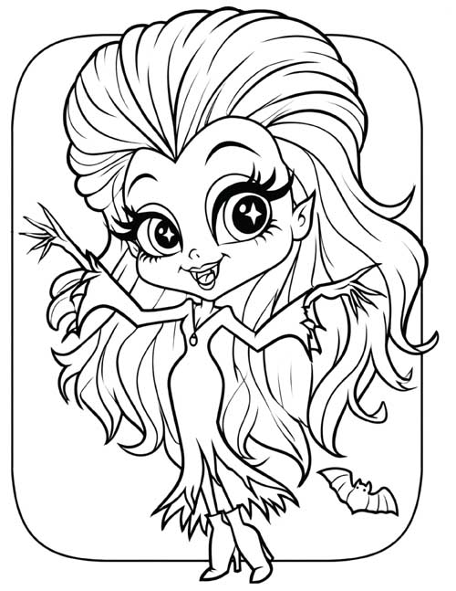 Kawaii vampire woman coloring page with oversized head, starry eyes, and ragged Halloween costume