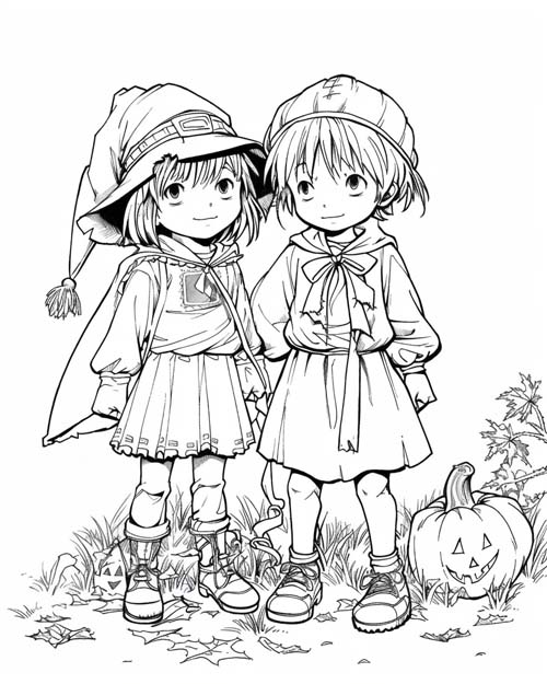 coloring page of children dressed in costumes