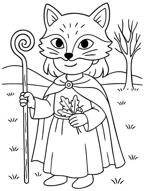 easy coloring page of a child with an fox mask