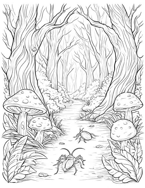 beetles on a spooky forest path coloring page