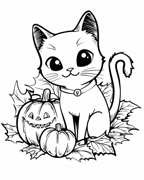 Coloring page of a cat with pumpkins