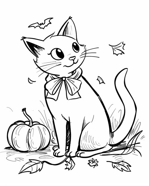 Coloring page of a cat with a pumpkin