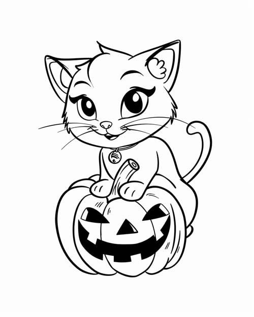 Coloring page of a cute Halloween cat