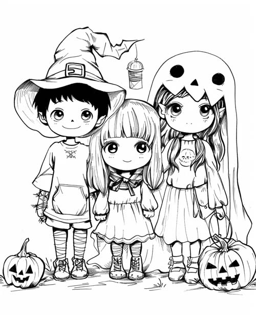 coloring page of young trick or treaters