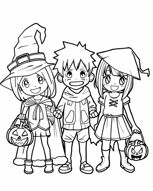 coloring page of children trick or treaters