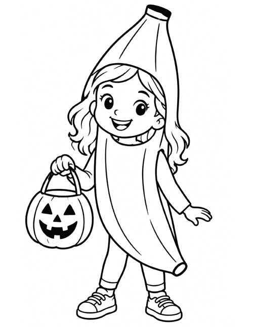 preschool coloring page of a trick or treater in a banana costume