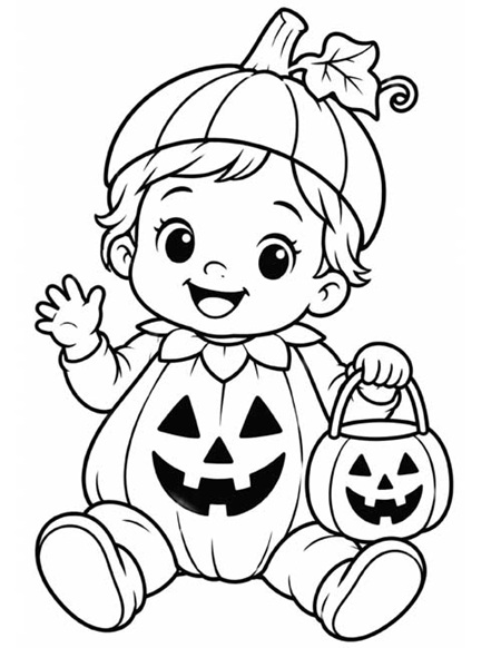 preschool coloring page of a trick or treater in a pumpkin costume
