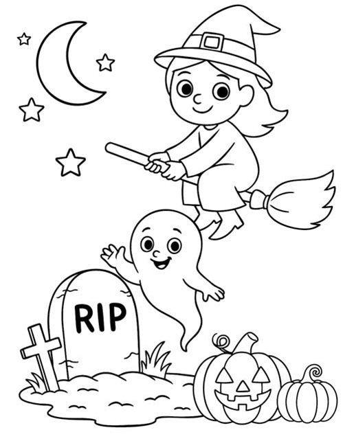 Cute coloring page of a Halloween scene