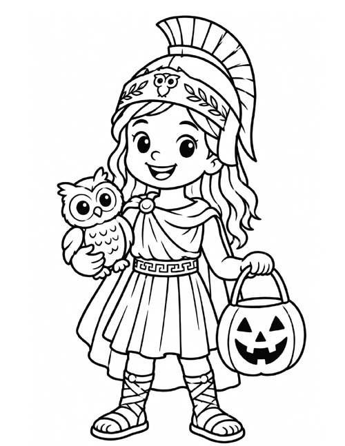 Coloring page of a trick or treater dressed as Athena