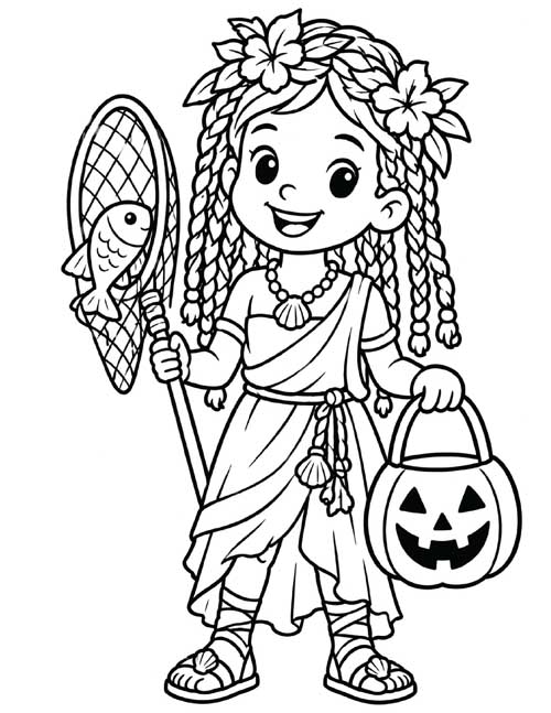 Coloring page of a trick or treater dressed as Calypso