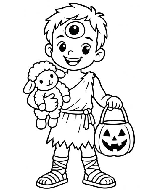 Coloring page of a trick or treater dressed as a Cyclops