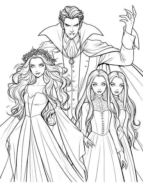 coloring page of three vampire girls standing in front of Dracula with his cape spread wide
