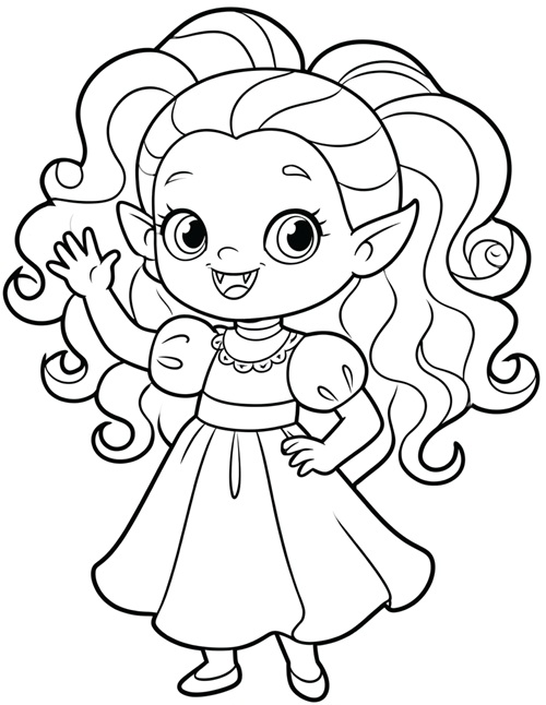 preschool coloring page of a little vampire girl with curly hair waving one hand high