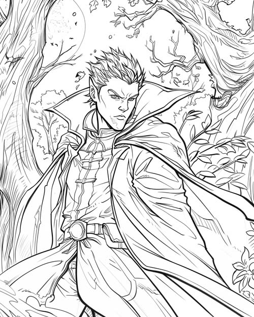 coloring page of a strigoi in the woods