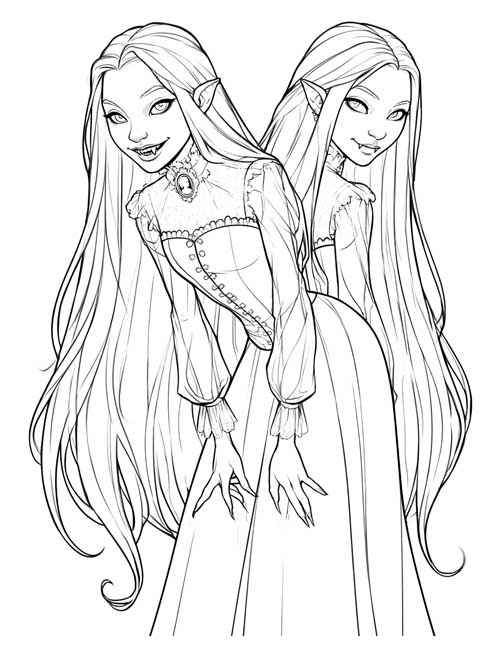 coloring page of twin vampire girls standing together, one grinning and one watching quietly