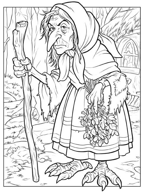 Cartoon coloring page of Baba Yaga