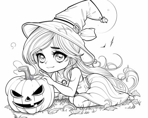 cute coloring page of a witch and jack o lantern