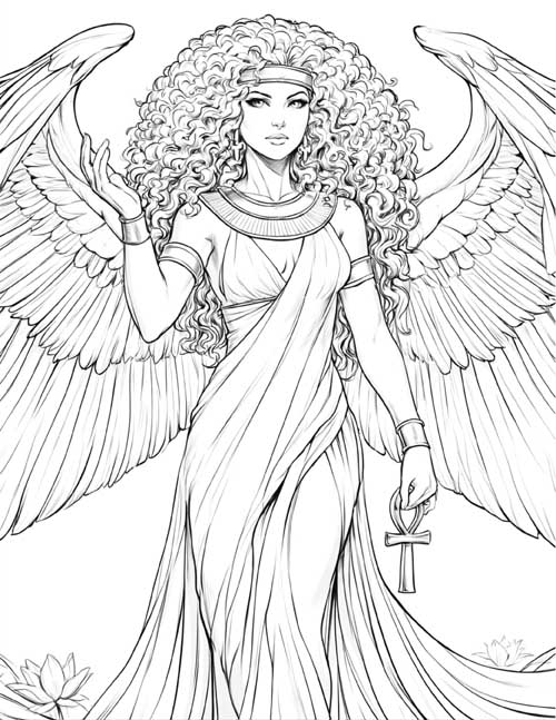 realistic coloring page of Isis with long, tight curly hair. Beautiful and seductive.