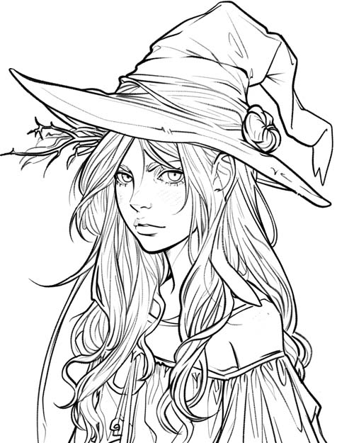 pretty witch girl coloring page