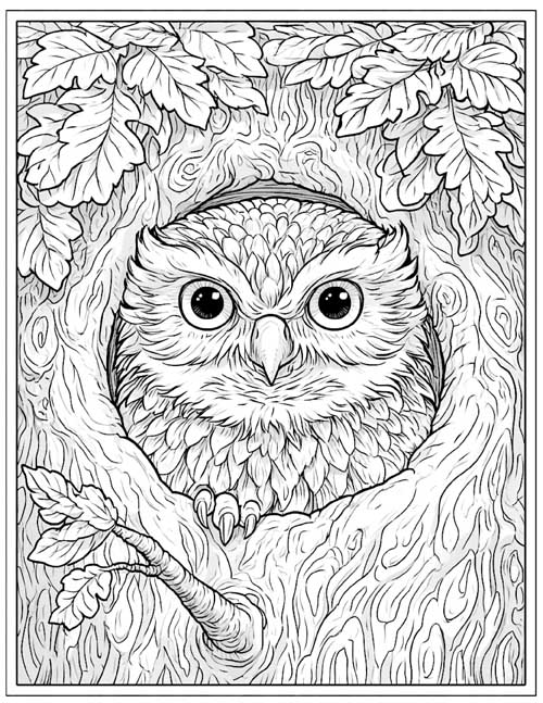 Detailed coloring page of an owl peeking out of a tree hollow