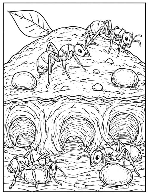 Coloring page of ants on an anthill with tunnels underneath