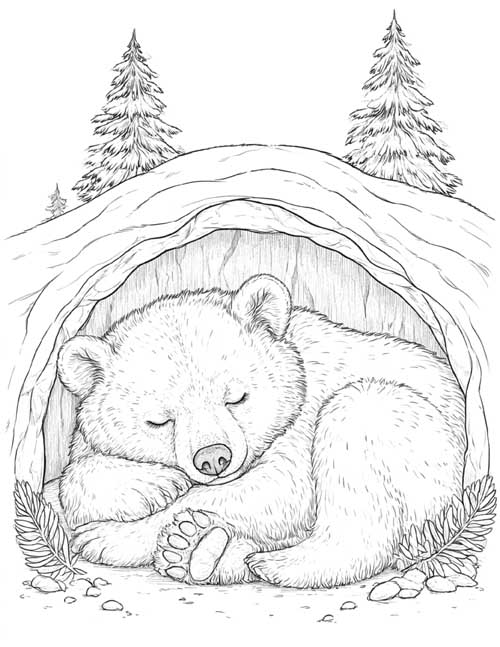 Coloring page of a bear sleeping in its den under a hill