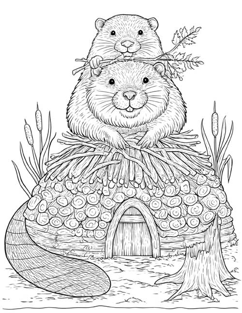Coloring page of two beavers on top of their lodge