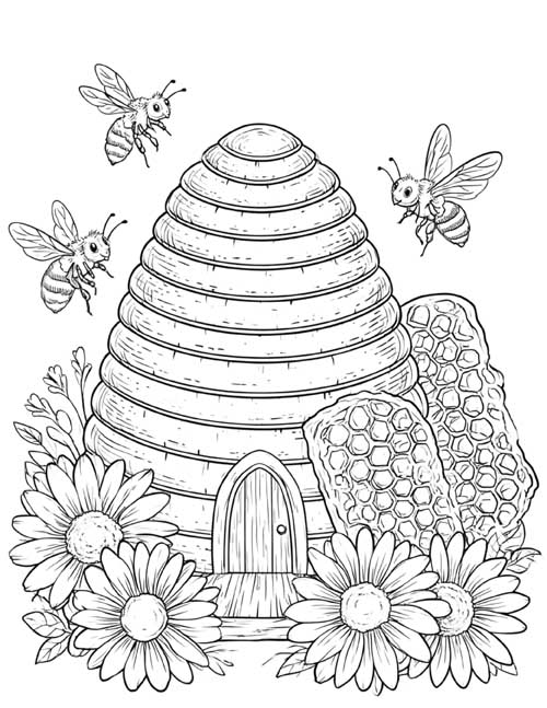 Coloring page of bees flying around a beehive with honeycomb and daisies