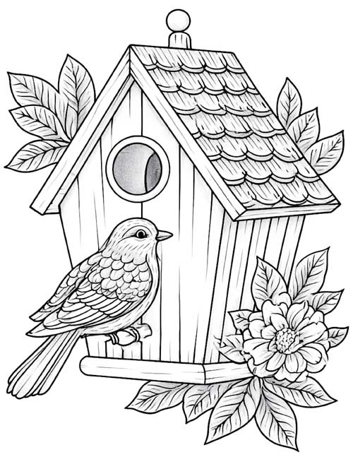 Coloring page of a bird perched on a birdhouse with flowers