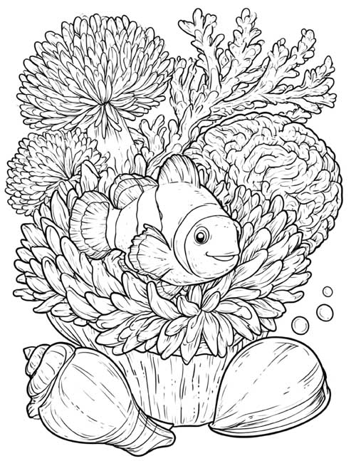 Coloring page of a clownfish in a sea anemone on a coral reef