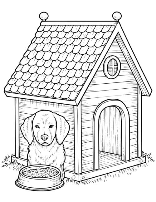 Coloring page of a dog beside its doghouse and food bowl