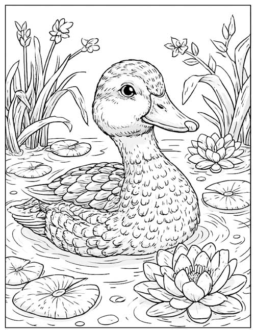 Coloring page of a duck swimming in a pond with water lilies