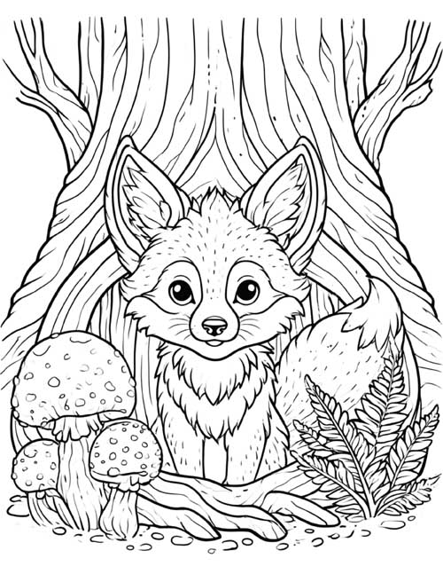Coloring page of a fox sitting in its den under a tree with mushrooms and ferns