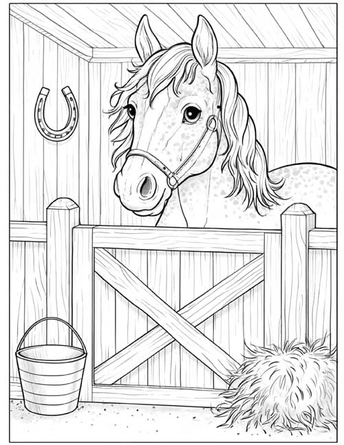 Coloring page of a horse in its stable with a horseshoe on the wall